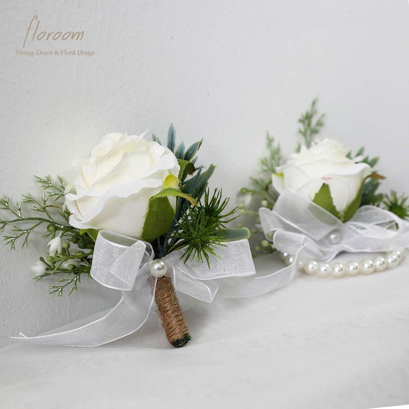 Floroom Ivory Rose Wrist Corsage Wristlet Band Bracelet and Men Boutonniere Set for White Wedding Flower Accessories Prom Suit Decorations - Image 5